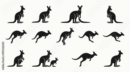 Kangaroo outline icons showcase various poses on white background