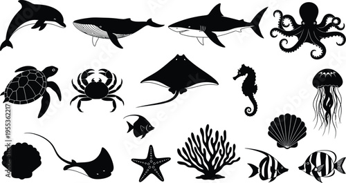 Silhouette of marine animals isolated on transparent background