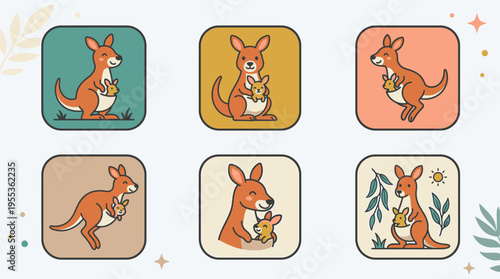 Illustration of cute kangaroo icons in various colorful backgrounds