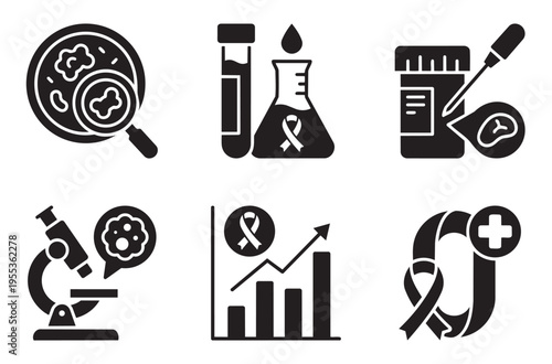 Cancer research oncology laboratory solid icon set featuring microscope lab test biotechnology and medical science symbol collection