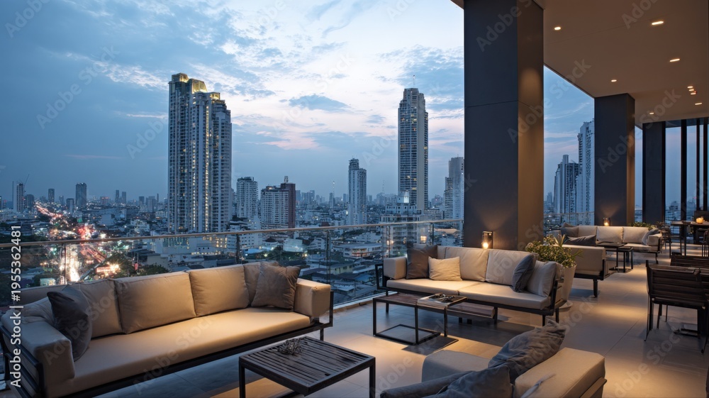 Fototapeta premium Modern Outdoor Lounge with City Skyline View at Twilight, Featuring Stylish Seating and Contemporary Design