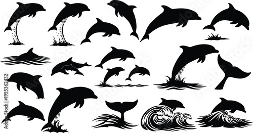Collection of dolphin silhouettes isolated on transparent background