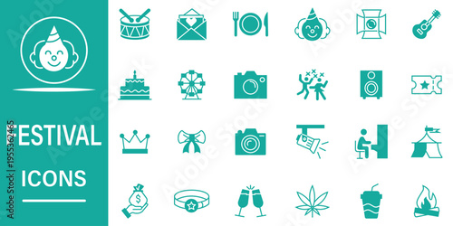 Festival icon set. Featuring icons of various music, party, chinese, fireworks, celebration, food, and more. Vector illustration.