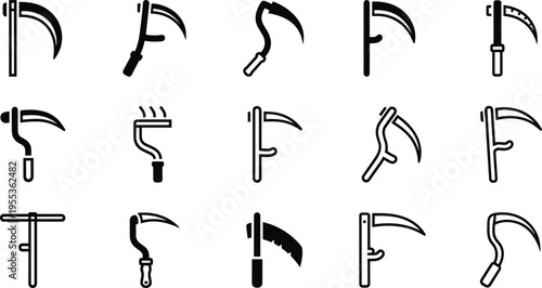 Scythe icons collection with farming harvest tools simple line vector illustration