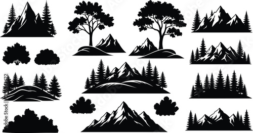 Collection of mountain and tree silhouettes isolated on transparent background