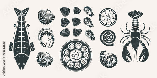 Vintage style illustration of various seafood and shellfish elements