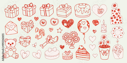 Hand drawn collection of festive gifts hearts flowers and sweet treats