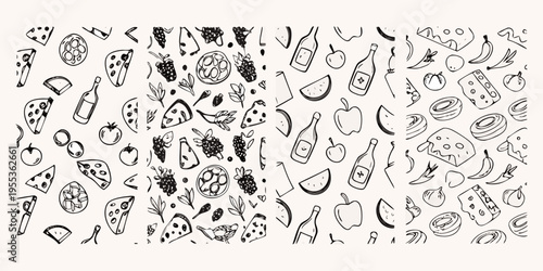 A playful doodle pattern featuring various foods and beverages
