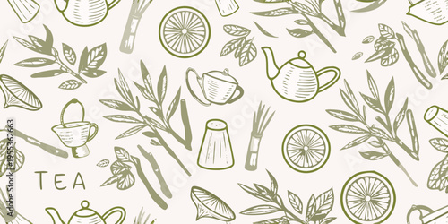 Elegant tea themed pattern with citrus teapots and botanical elements