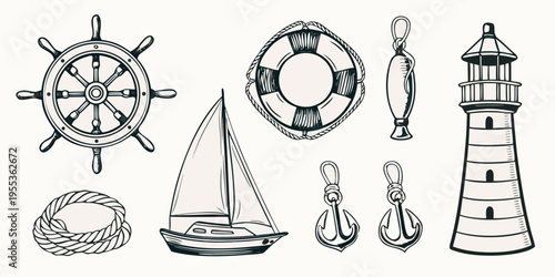 Nautical themed illustrations ship wheel life preserver sailboat and lighthouse