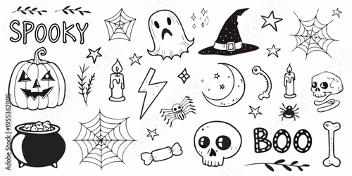 Hand drawn halloween doodles including ghosts pumpkins and spooky elements