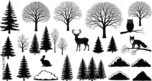 Silhouette of forest animals and trees isolated on transparent background