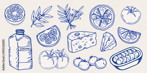 A blue sketch of mediterranean food items including citrus and sardines