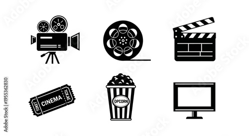 Cinema Icons: Camera, Film Reel, Clapperboard, Ticket, Popcorn, TV Screen