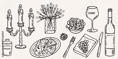 A sketched still life featuring candles wine olives and a cheese platter