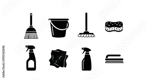 Cleaning Supplies Icon Set: Broom, Bucket, Mop, Sponge, Sprays, Cloth, Brush
