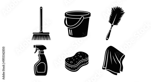 Cleaning Supplies Icon Set: Broom, Bucket, Duster, Spray Bottle, Sponge, Towel