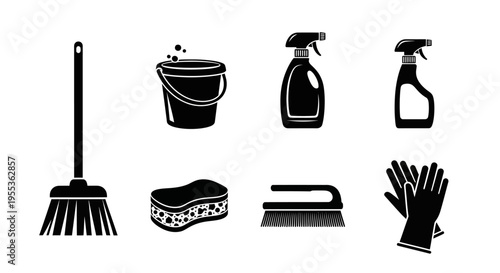 Cleaning Supplies Icon Set: Broom, Bucket, Sprays, Sponge, Brush, Gloves - Vector Illustration