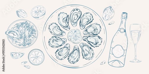 A sketched arrangement of oysters champagne and lemon slices on plates