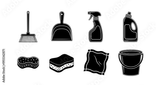 Cleaning Supplies Icon Set: Broom, Dustpan, Sprayer, Detergent, Sponge, Cloth, Bucket
