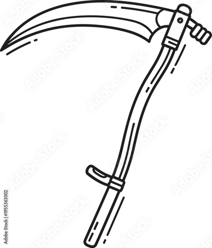 Minimal scythe line art illustration with curved blade farming tool vector