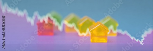 Miniature houses with falling stock market graph representing real estate price drop on a financial news interface, housing market crash and economy analysis