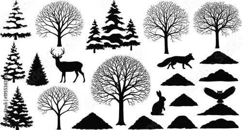 Silhouette of forest animals and trees isolated on transparent background