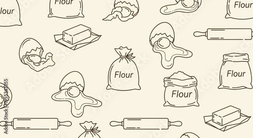 Seamless Baking Pattern with Flour Eggs and Butter Line Art