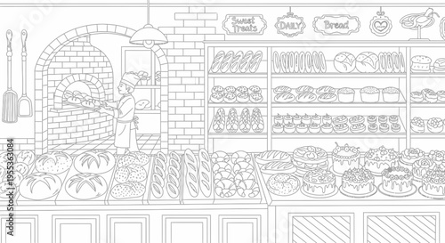 Bakery Interior Coloring Page with Baker and Fresh Bread