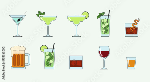 Set of Various Alcoholic Cocktails and Drinks Icons