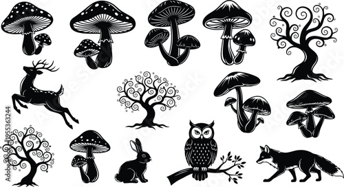 Silhouette illustrations of forest creatures and trees isolated on transparent background