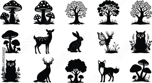 Silhouette of forest animals and trees isolated on transparent background