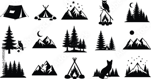 Collection of camping and outdoor silhouettes isolated on transparent background
