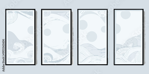 Four abstract framed prints with swirling gray and white patterns