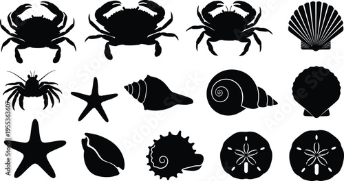 Silhouette of various sea creatures and shells isolated on transparent background