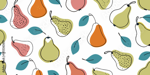 Colorful pear and leaf pattern on a white background