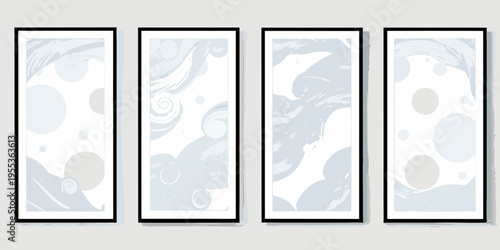 Four framed abstract artworks featuring swirling gray and white patterns