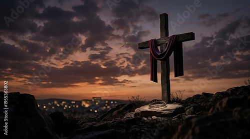 The crucifixion of Jesus Christ, divine sacrifice on Golgotha hill, symbolic crown of thorns, draped cross, dramatic twilight, spiritual devotion, sacred biblical scene, ancient religious history