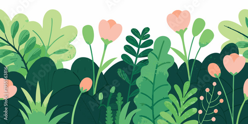 Stylized floral illustration with green leaves and pink tulip blooms