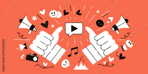 Broadcast success hands giving thumbs up around a play button