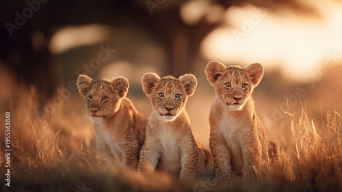 Wallpaper Mural Three lion cubs sitting in golden light, portrait of adorable feline siblings in african landscape Torontodigital.ca