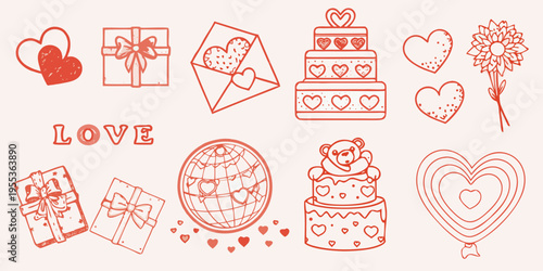 Hand drawn valentine s day elements hearts gifts cakes and love lettering