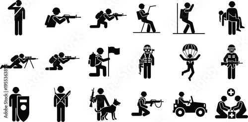 Collection of military and action silhouettes isolated on transparent background