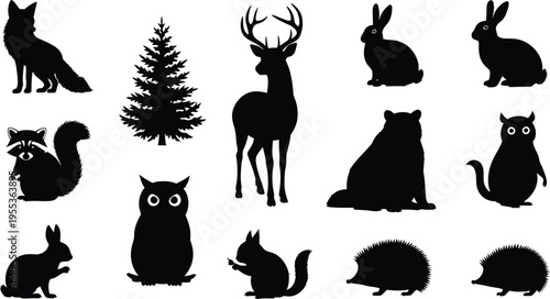 Silhouette collection of forest animals and tree isolated on transparent background