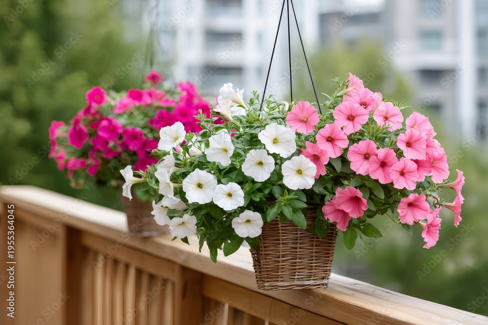 Naklejka premium Petunias blooming in hanging baskets on urban balcony railing