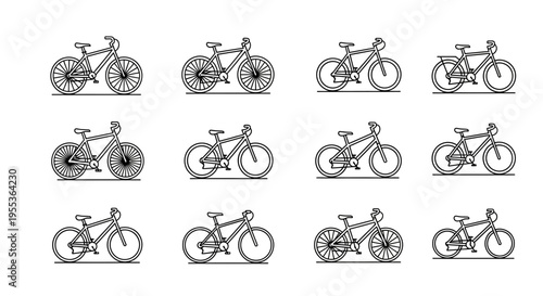 Set of Twelve Linear Bicycle Icons
