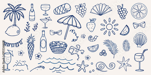 Hand drawn summer illustrations featuring tropical fruits drinks and beach elements