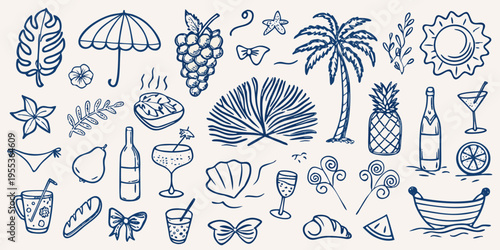 Blue line art illustration featuring summer themed objects and tropical elements