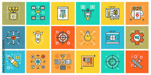 Colorful collection of futuristic technology and engineering related icons