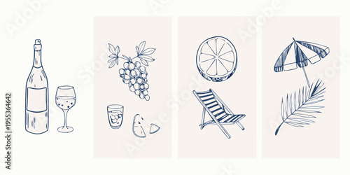 Summer themed sketches wine fruit beach chair and umbrella